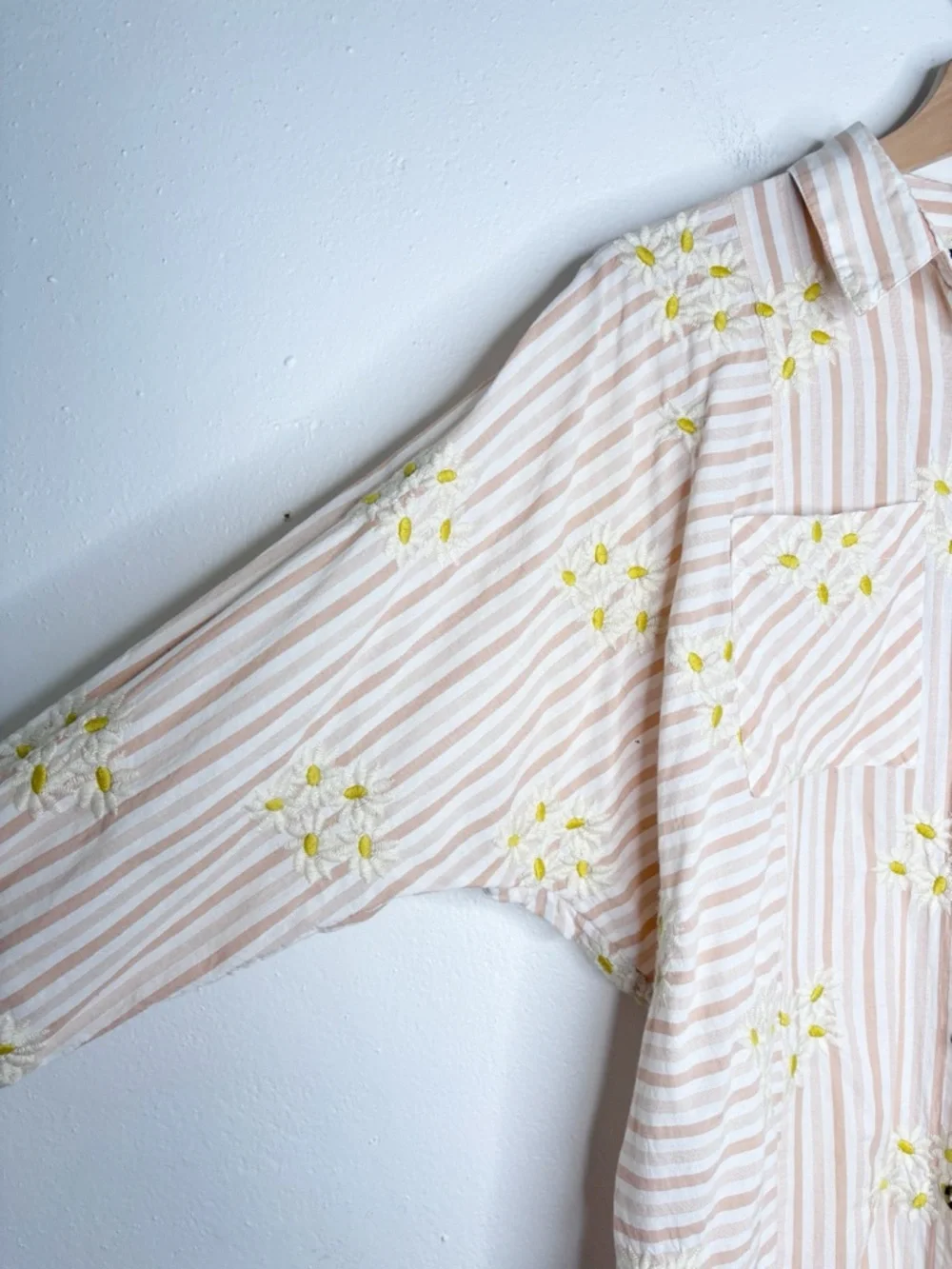 BDG Pink Ivory Stripped Oversized Button Down With Embroidered Daisies Size XS - Picture 3 of 9